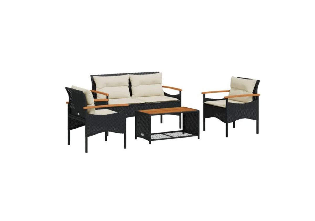 Salon de jardin 4 places résine tressée noir canapé 2 fauteuils table