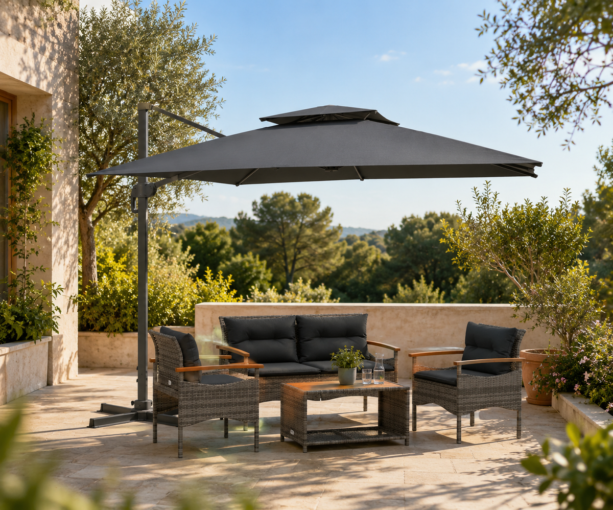 Salon de jardin 4 places 2 coloris gris et noir ambiance terrasse
