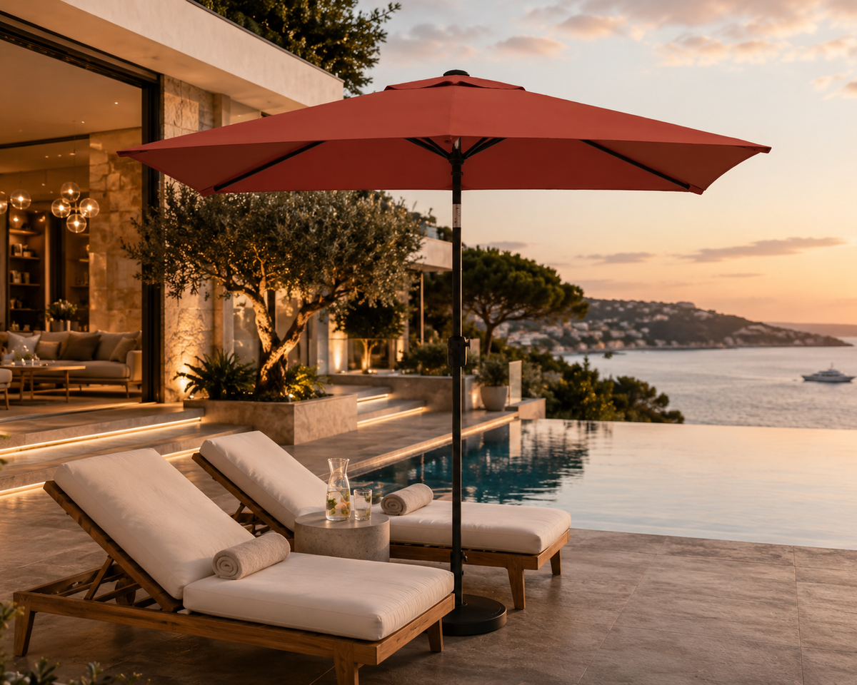 Parasol droit 2x3 m terre cuite ambiance extérieure sol pierre