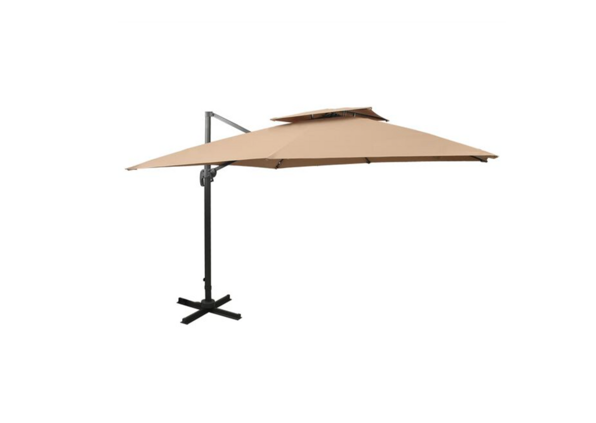 Parasol déporté double toit taupe 4x3 m ombrage grande surface