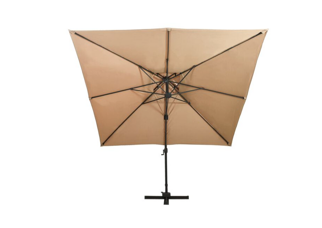 Parasol déporté double toit ventilé taupe vue de profil