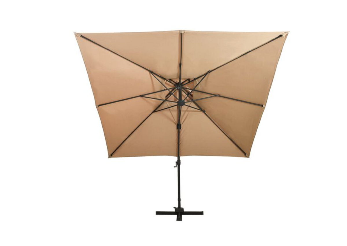 Parasol déporté double toit ventilé taupe vue de profil