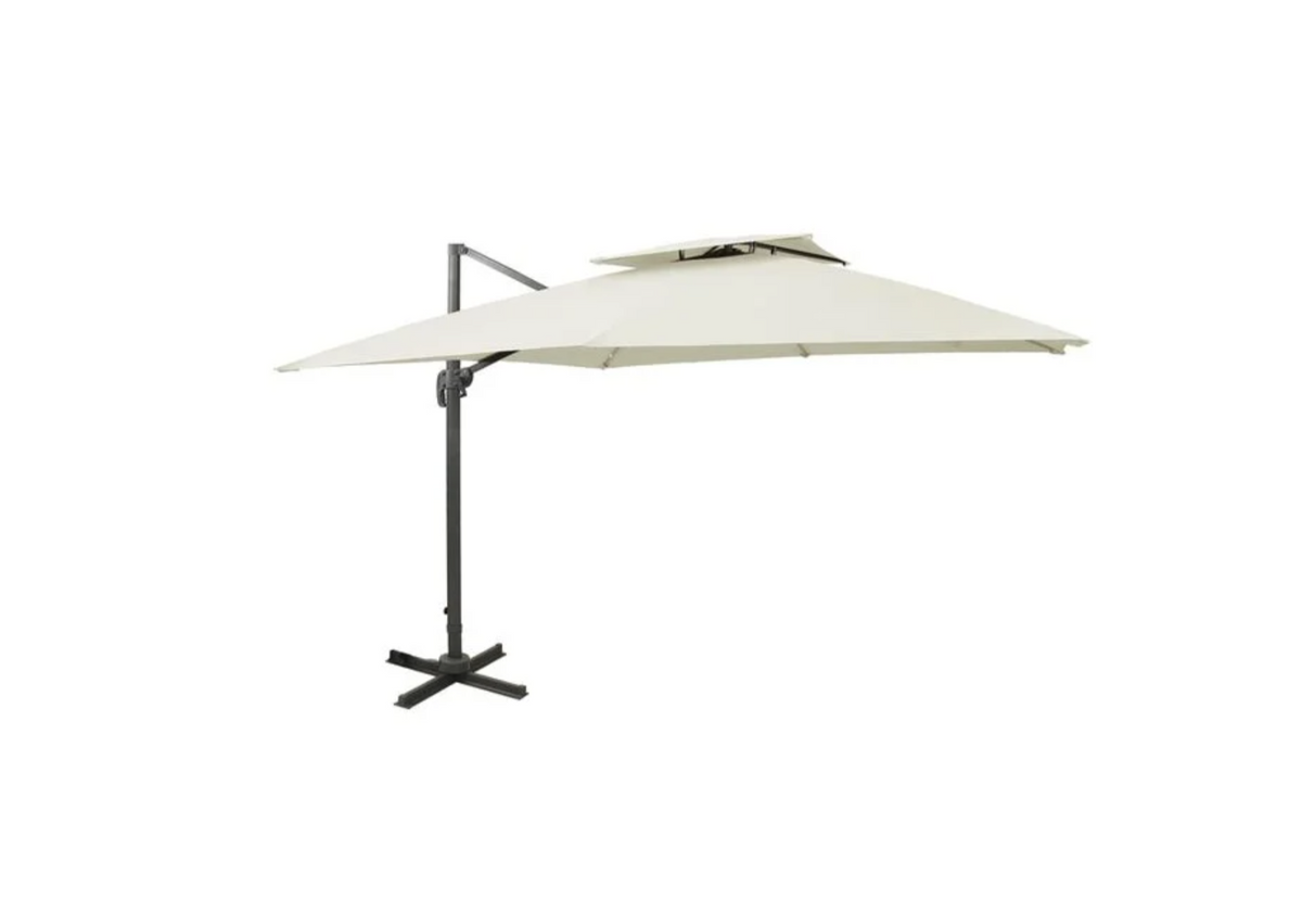 Parasol déporté double toit blanc sable bras alum déporté rotation