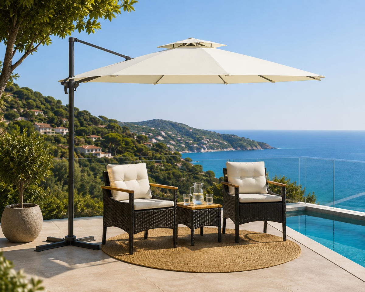 Parasol déporté double toit ventilé blanc sable ambiance été