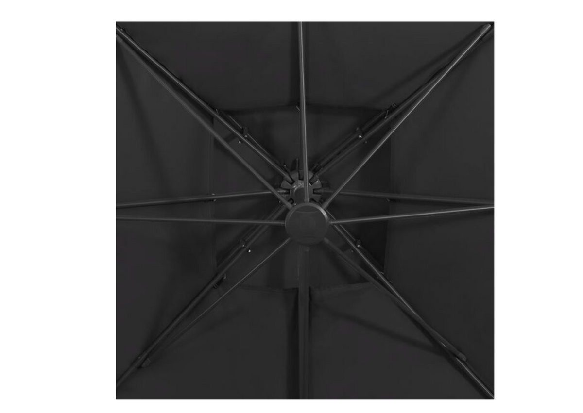 Parasol déporté double toit noir 3x3 m ambiance jardin moderne