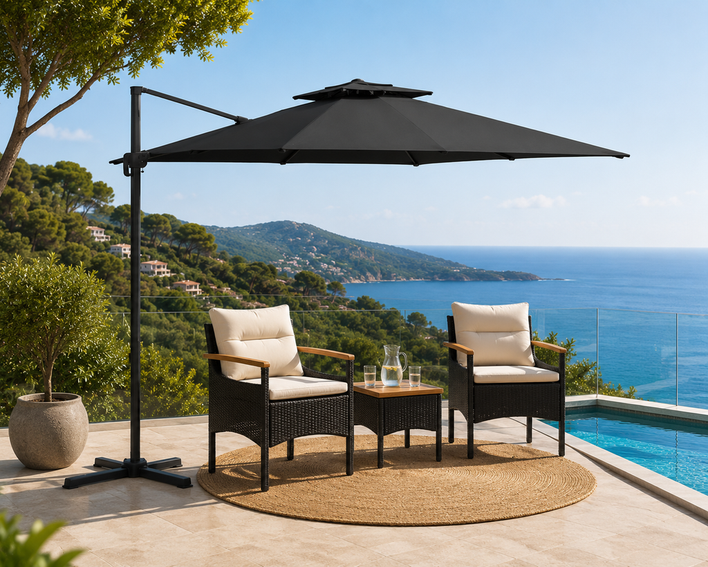 Parasol déporté double toit ventilé noir vue latérale salon ext